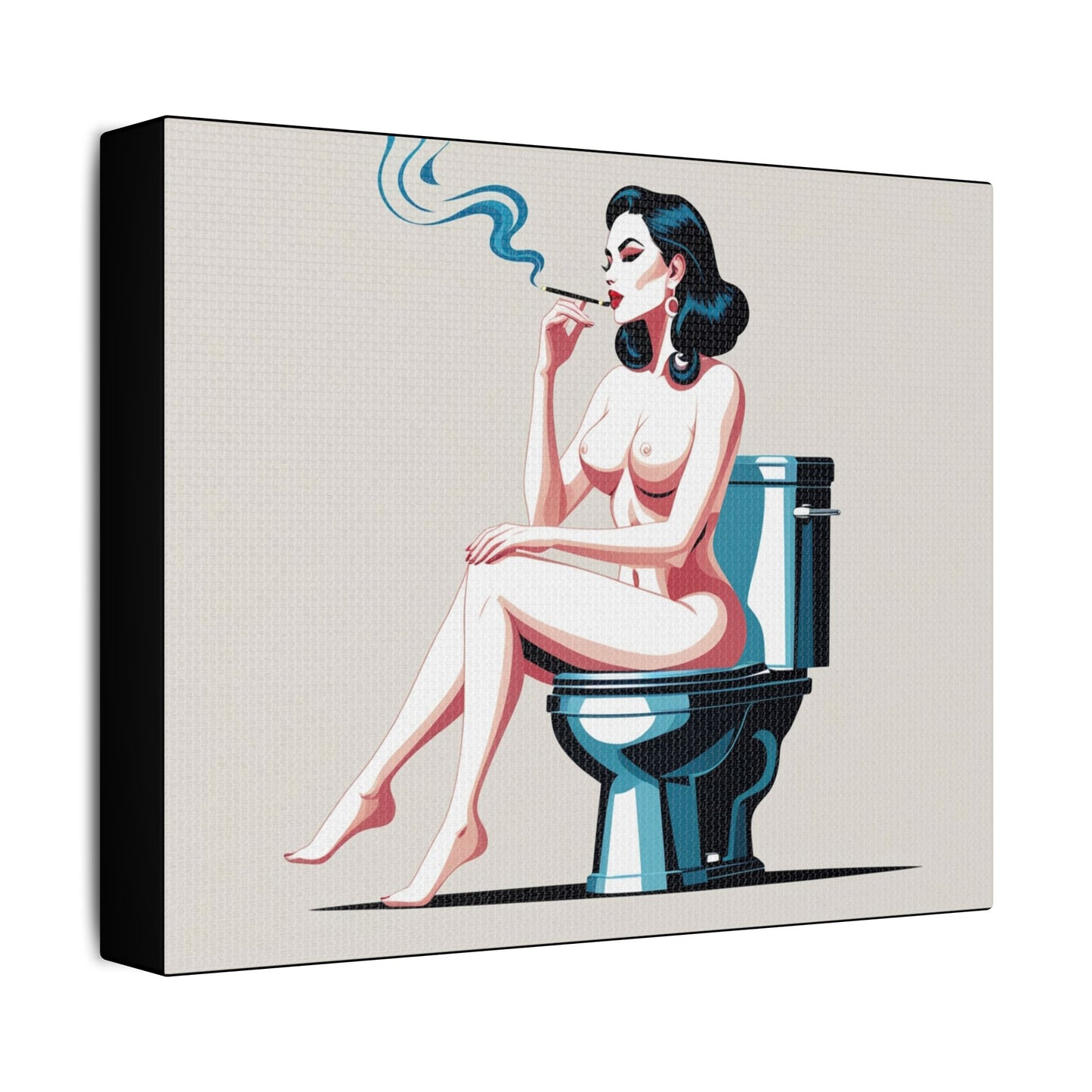 Retro Vintage Art Canvas Print - Sensual Woman Smoking on Toilet
