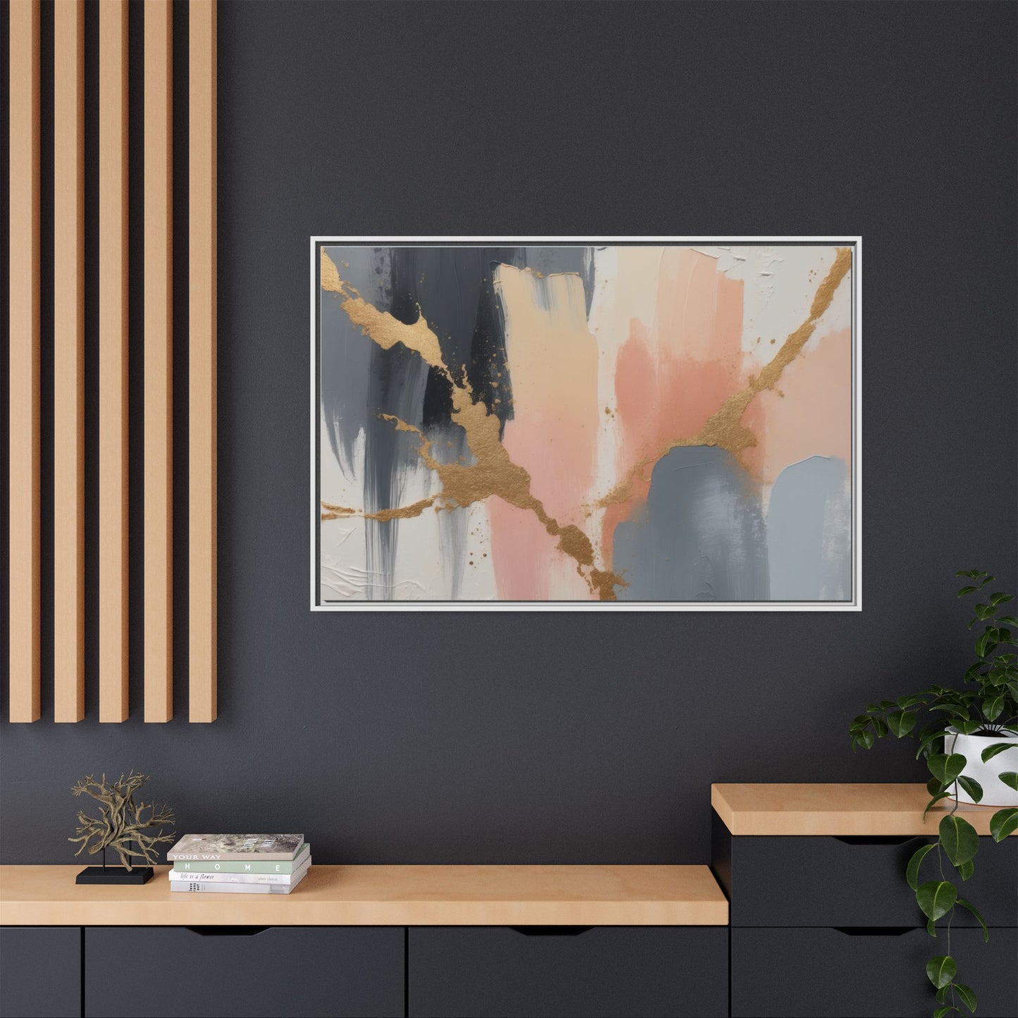 Elegant Abstract Framed Canvas Art with Gold Accents