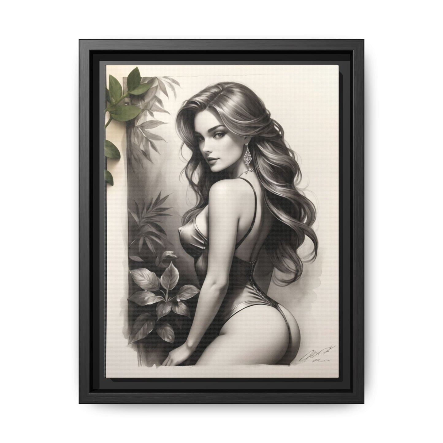 Elegant Framed Matte Canvas Art - Sensual Beauty with Tropical Vibes