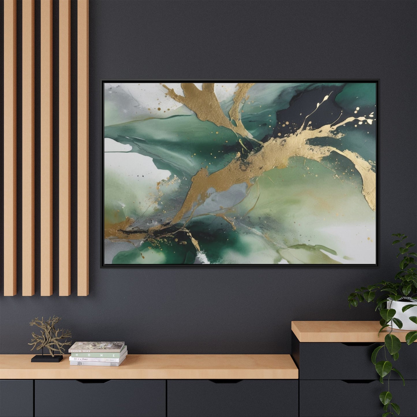 Elegant Abstract Framed Canvas Wall Art - Multi-Color Gold Accents