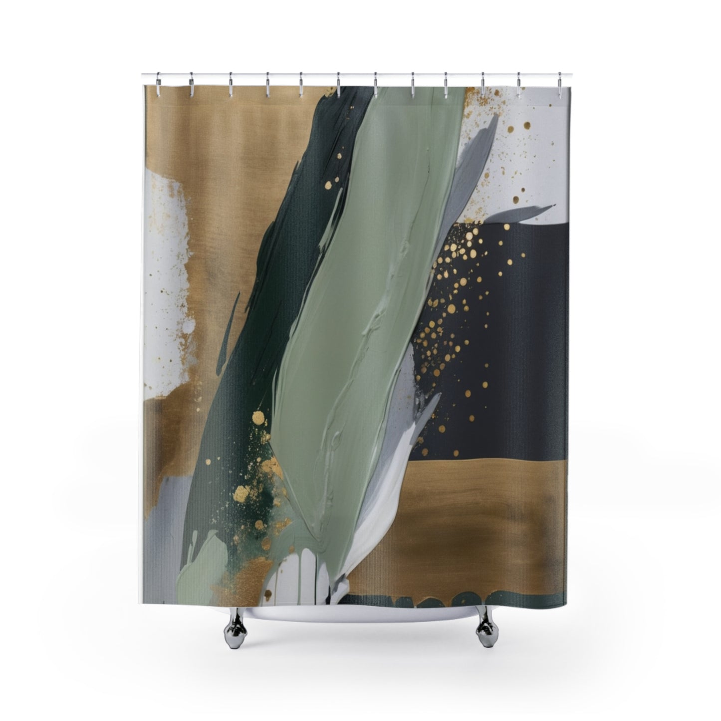Abstract Modern Shower Curtain - Artistic Green and Gold Splash Design
