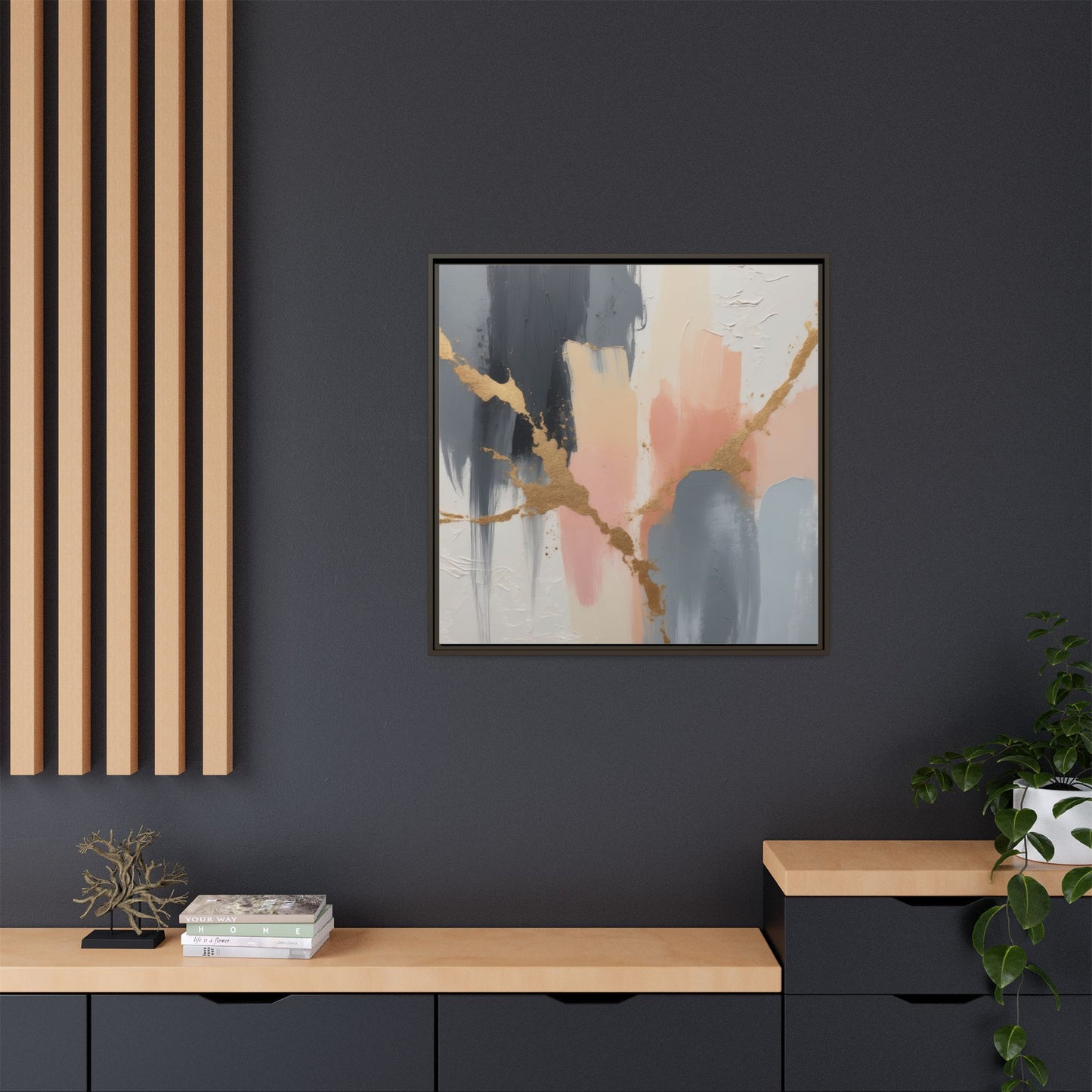 Elegant Abstract Framed Canvas Art with Gold Accents