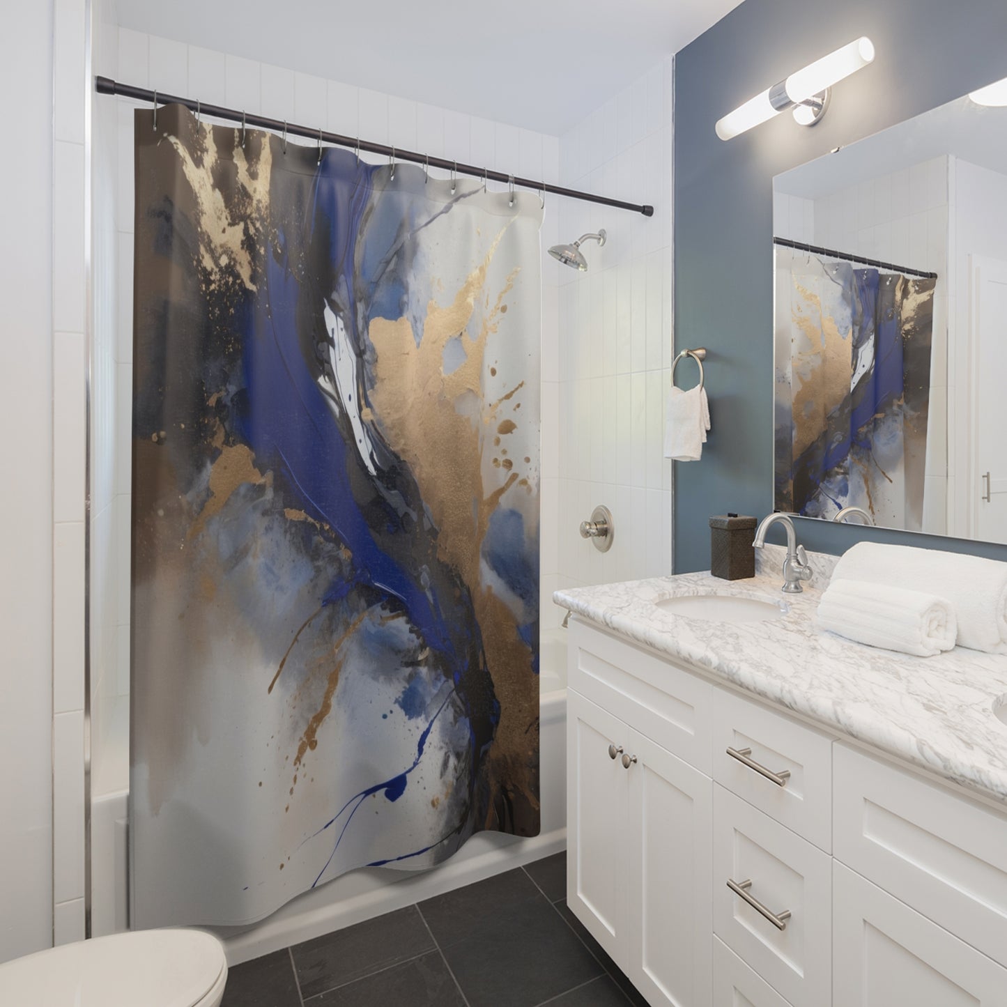 Elegant Abstract Shower Curtain - Navy and Gold Design for Modern Bathrooms