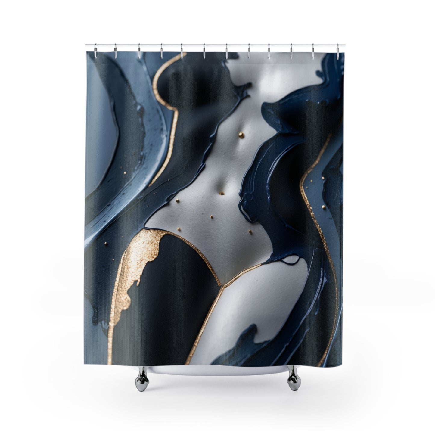Elegant Abstract Shower Curtain in Dark Tones with Gold Accents