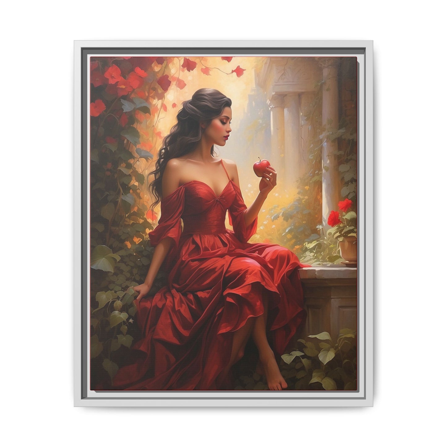 Elegant Framed Canvas Art - Romantic Red Dress with Apple