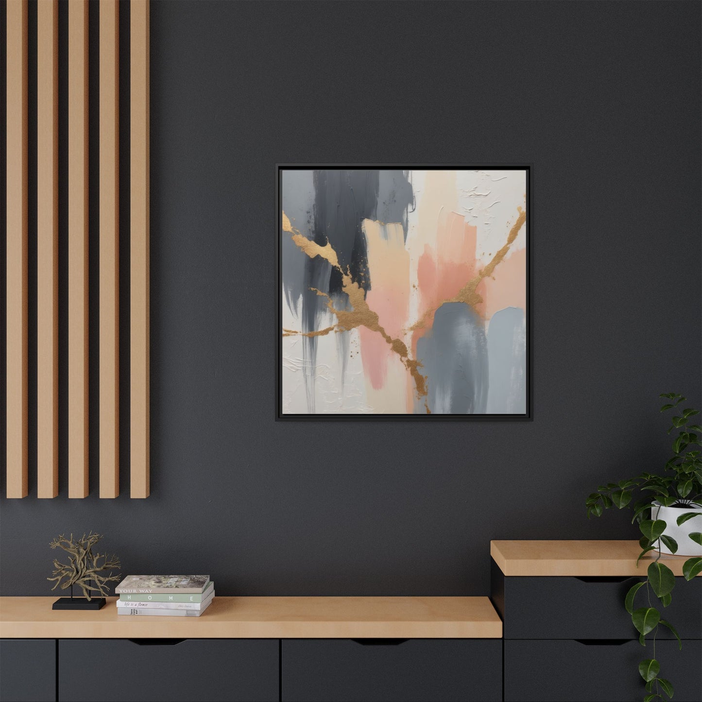 Elegant Abstract Framed Canvas Art with Gold Accents