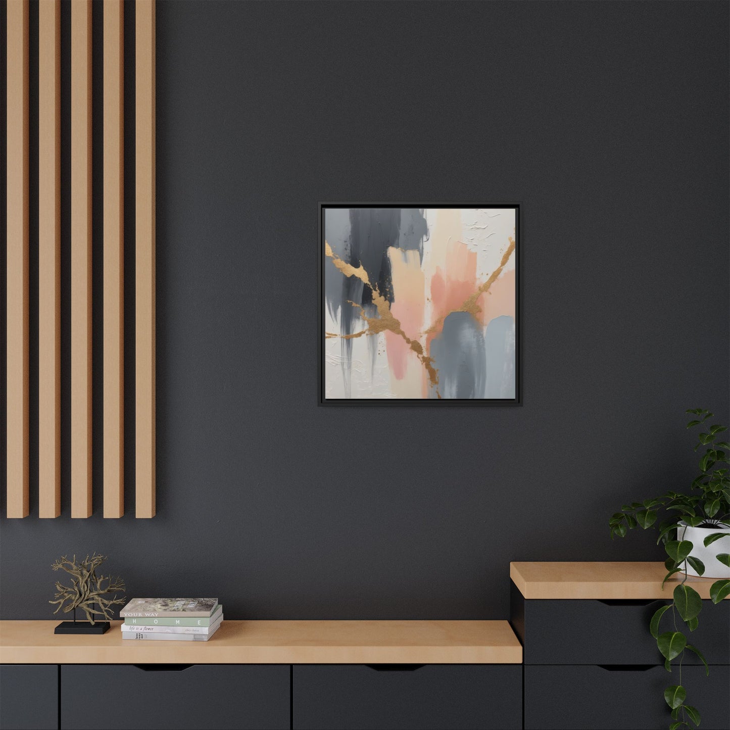 Elegant Abstract Framed Canvas Art with Gold Accents
