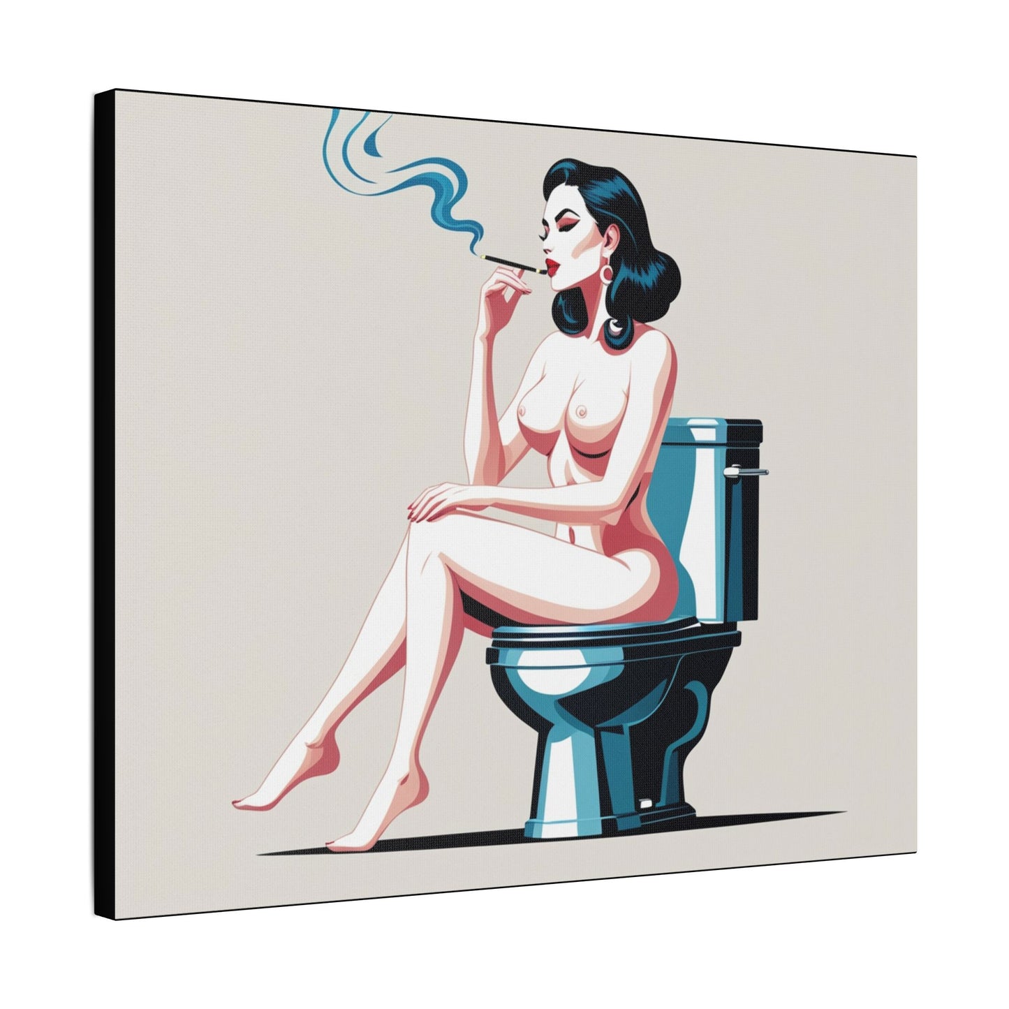 Retro Vintage Art Canvas Print - Sensual Woman Smoking on Toilet