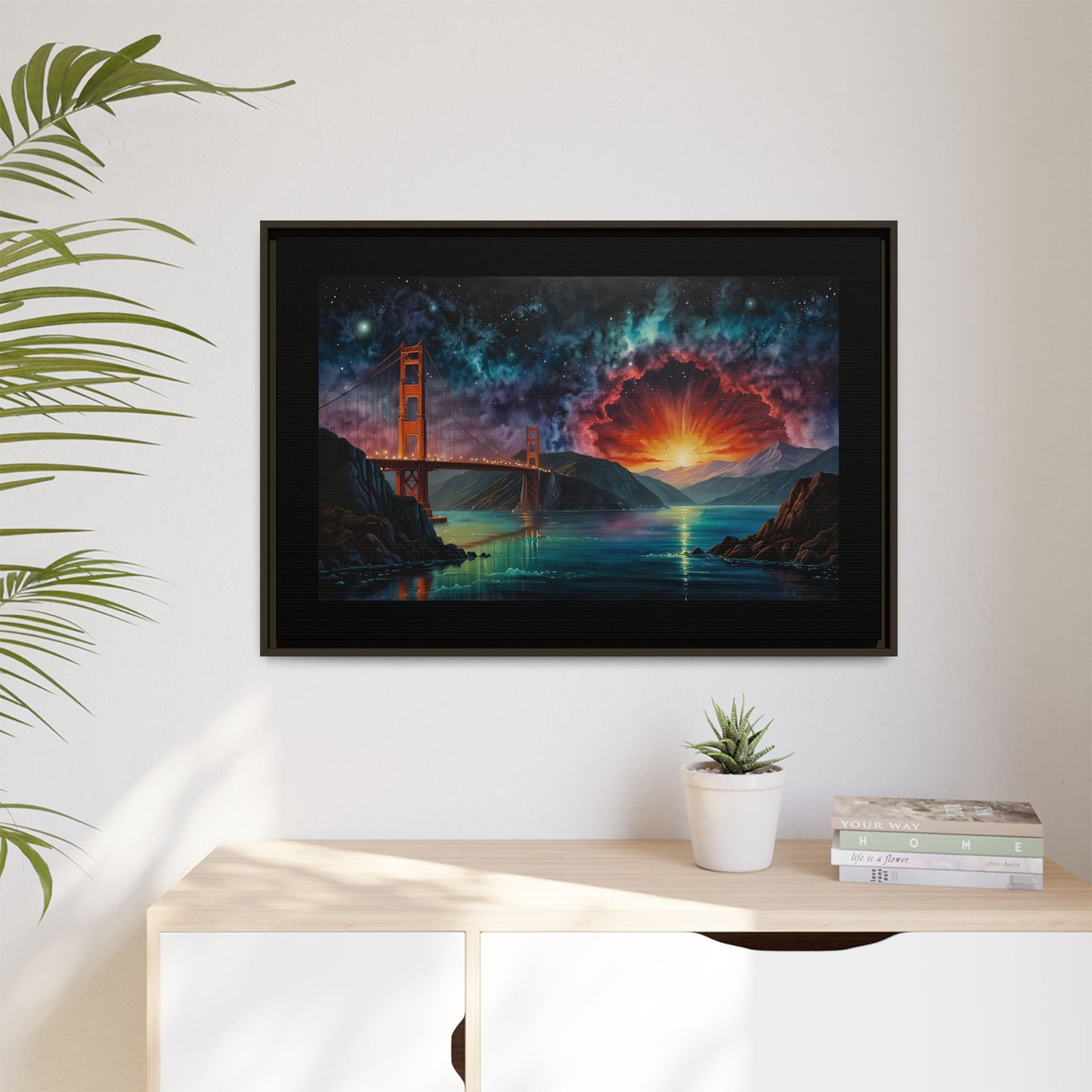 Golden Gate Sunset Framed Canvas Art - Multi-Color Wall Decor