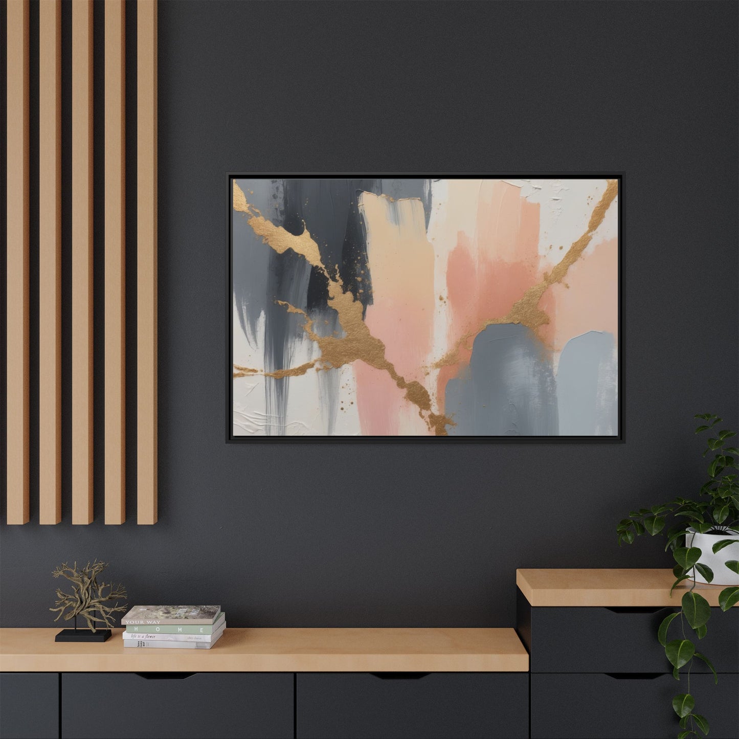 Elegant Abstract Framed Canvas Art with Gold Accents