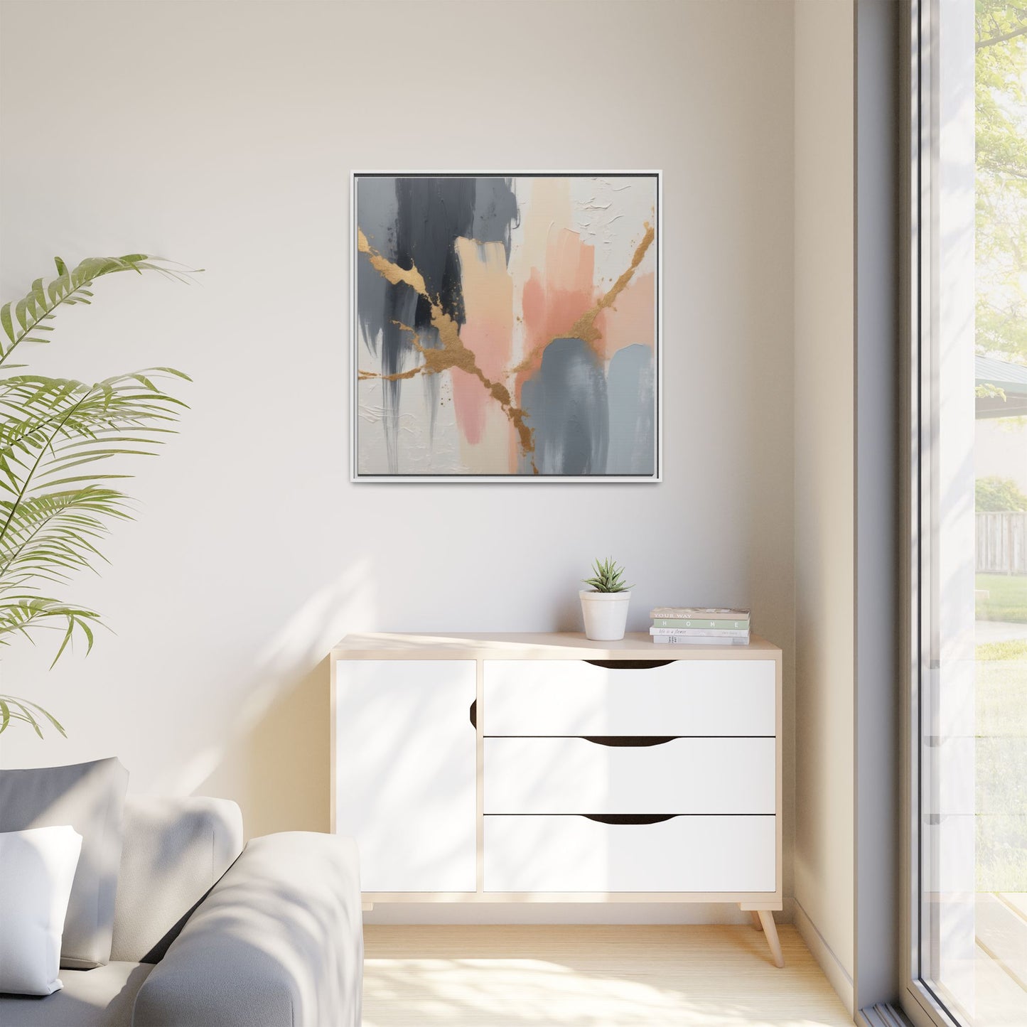Elegant Abstract Framed Canvas Art with Gold Accents
