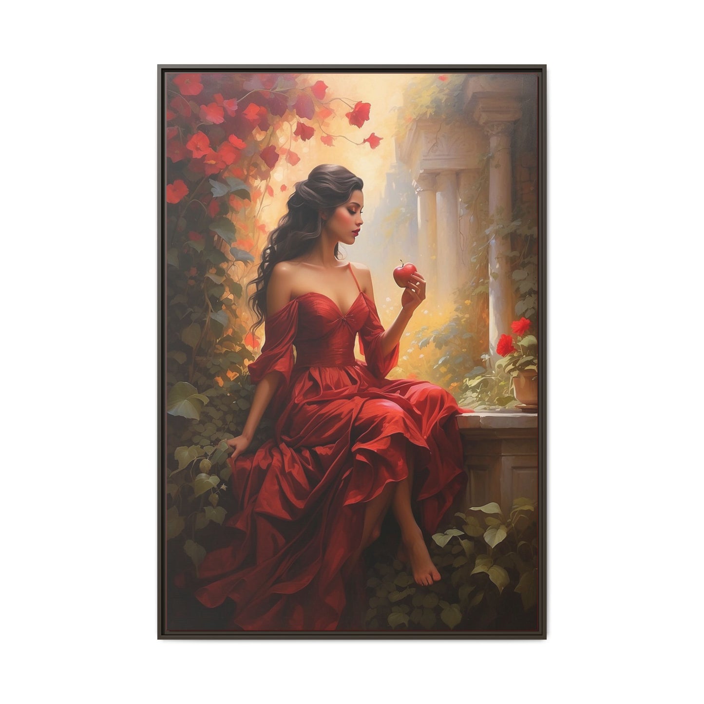 Elegant Framed Canvas Art - Romantic Red Dress with Apple