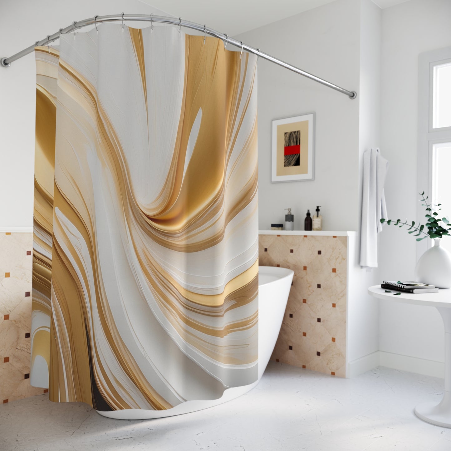 Elegant Gold & White Marble Shower Curtain - Modern Bathroom Decor