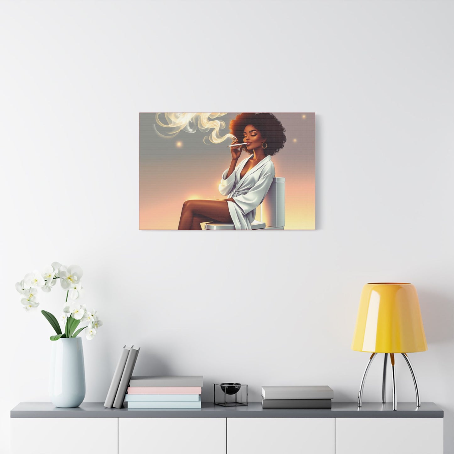 Contemporary Satin Canvas Wall Art - Stylish Leisure Scene with Female Figure