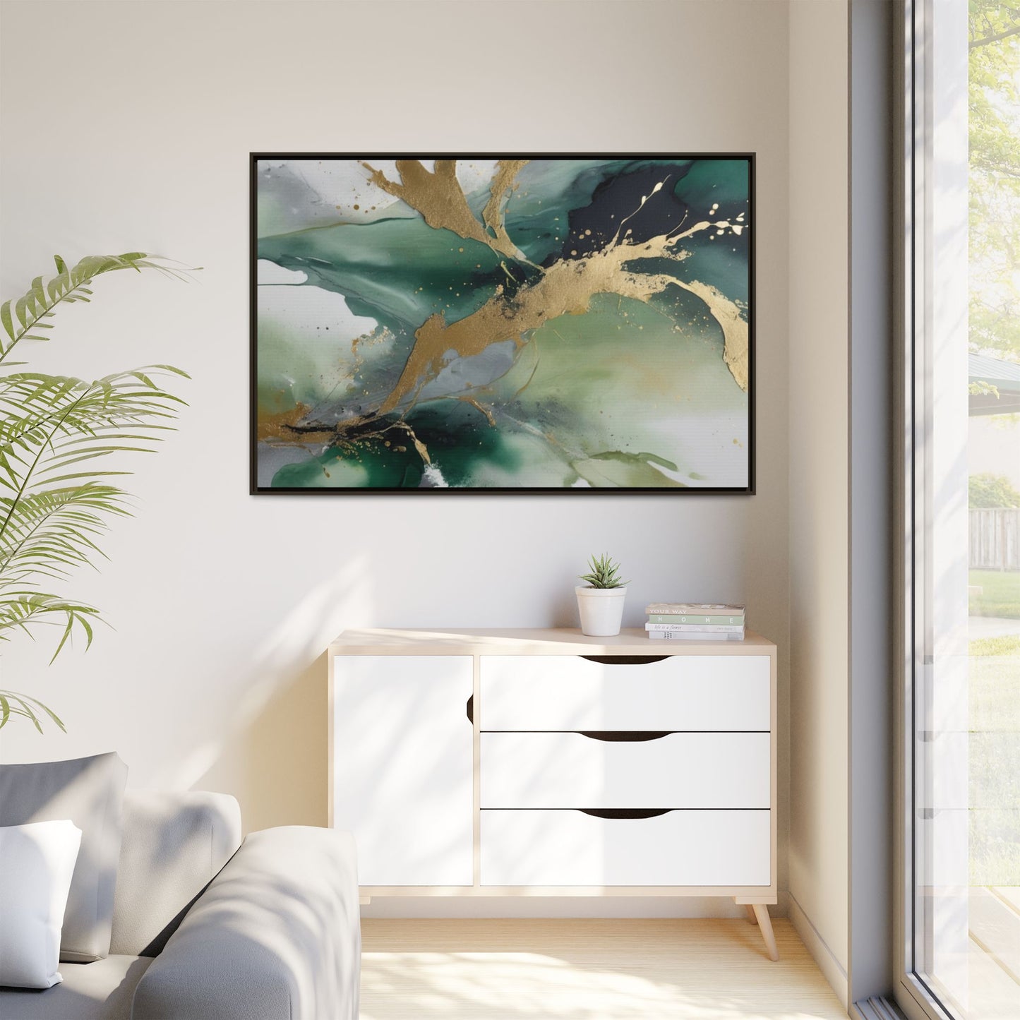 Elegant Abstract Framed Canvas Wall Art - Multi-Color Gold Accents