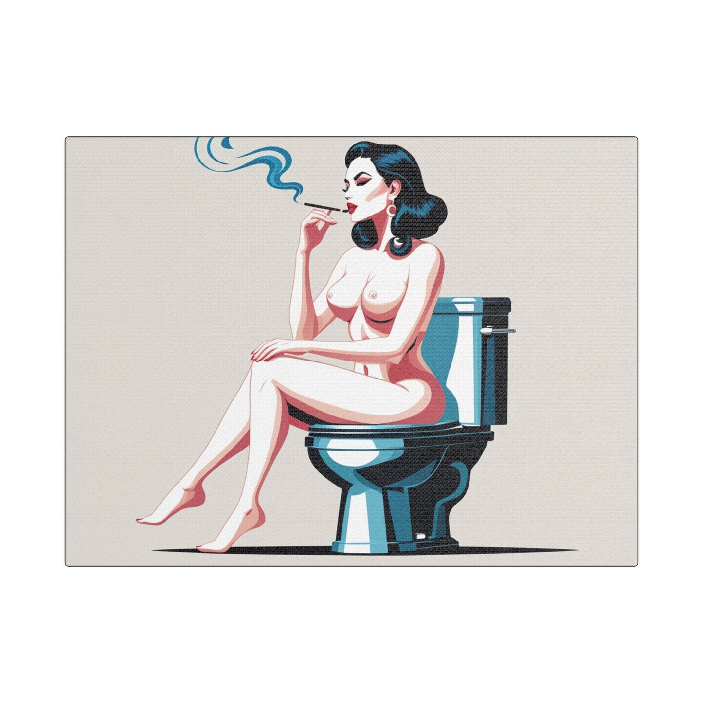 Retro Vintage Art Canvas Print - Sensual Woman Smoking on Toilet