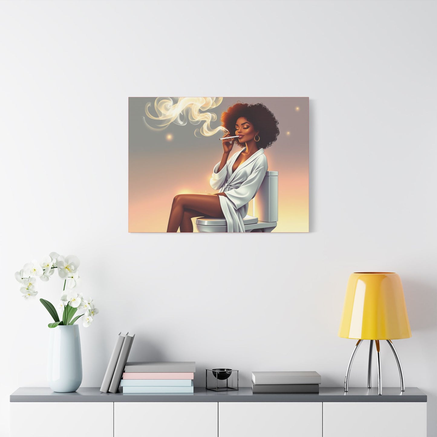 Contemporary Satin Canvas Wall Art - Stylish Leisure Scene with Female Figure