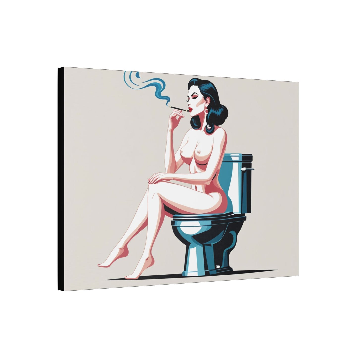 Retro Vintage Art Canvas Print - Sensual Woman Smoking on Toilet