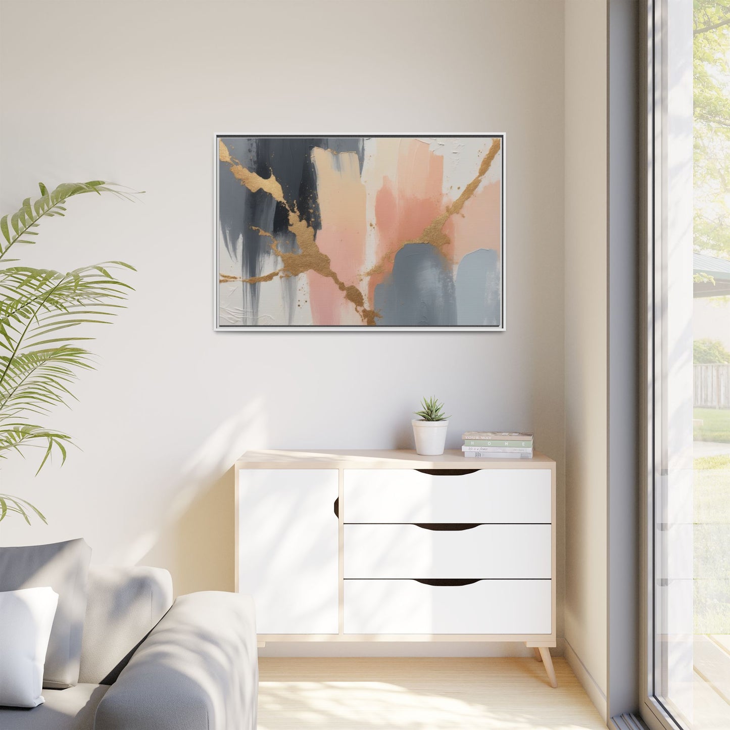 Elegant Abstract Framed Canvas Art with Gold Accents