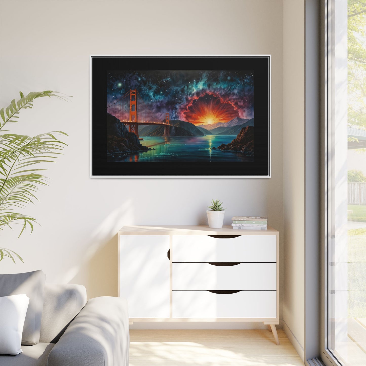 Golden Gate Sunset Framed Canvas Art - Multi-Color Wall Decor