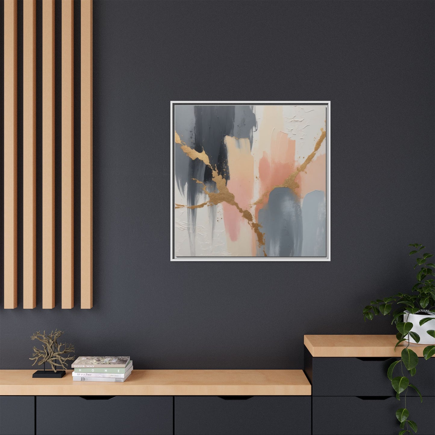 Elegant Abstract Framed Canvas Art with Gold Accents