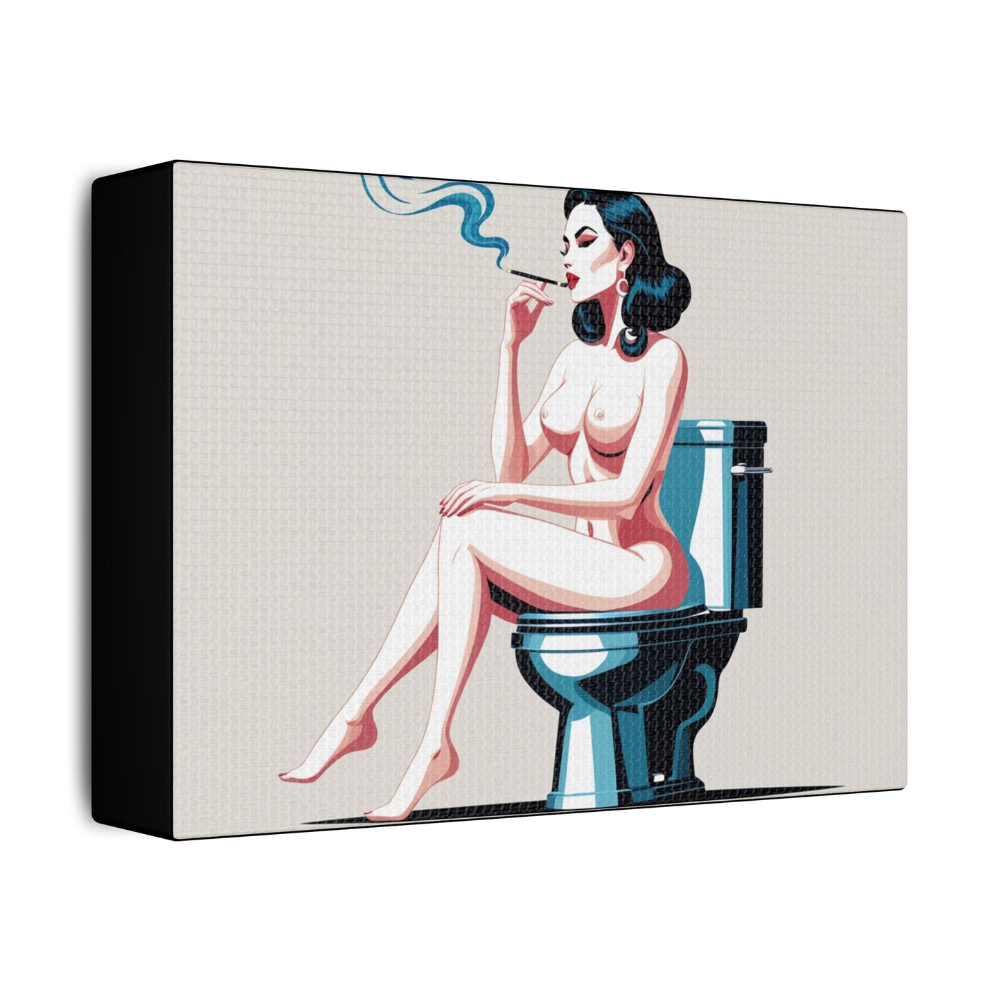 Retro Vintage Art Canvas Print - Sensual Woman Smoking on Toilet