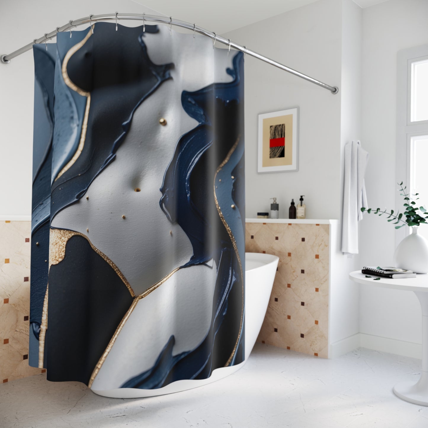 Elegant Abstract Shower Curtain in Dark Tones with Gold Accents