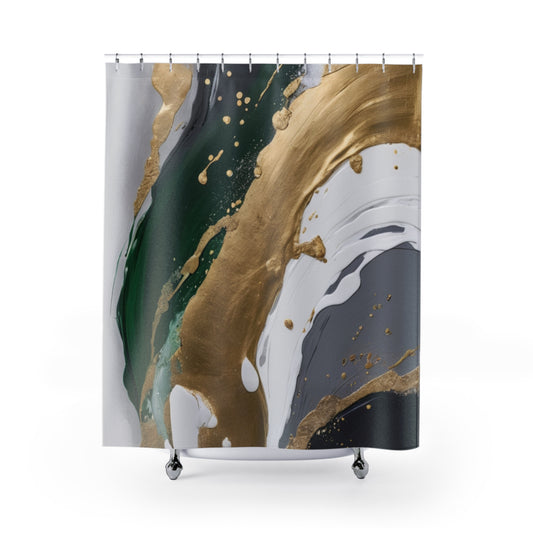 Elegant Abstract Shower Curtain with Gold and Green Design - Luxe Bathroom Décor