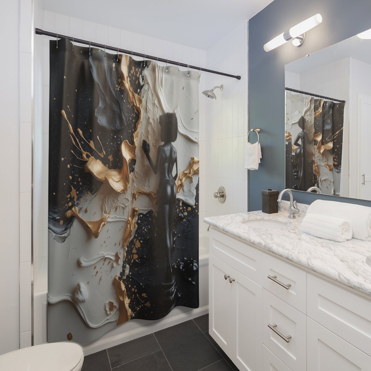Elegant Abstract Art Shower Curtain | Gold and Black Aesthetic
