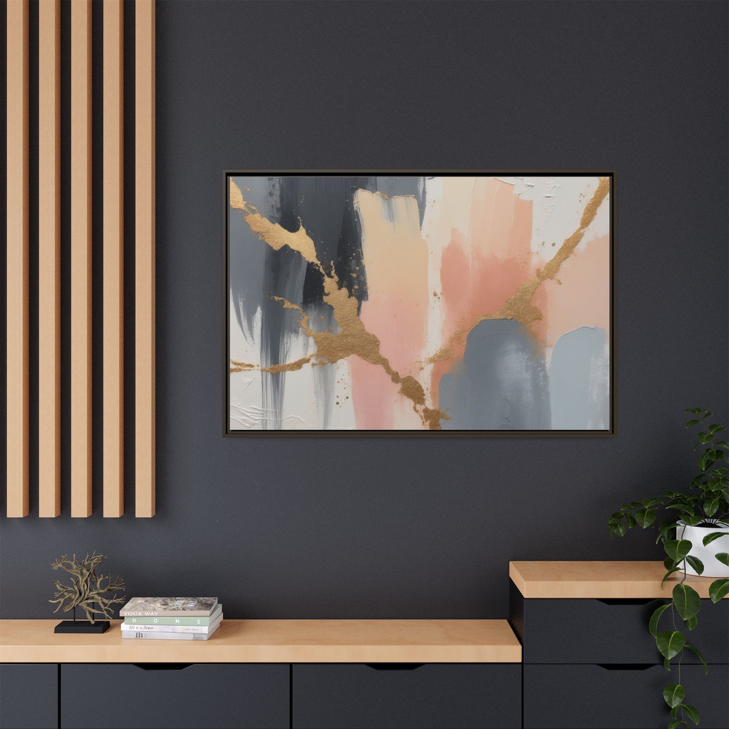 Elegant Abstract Framed Canvas Art with Gold Accents