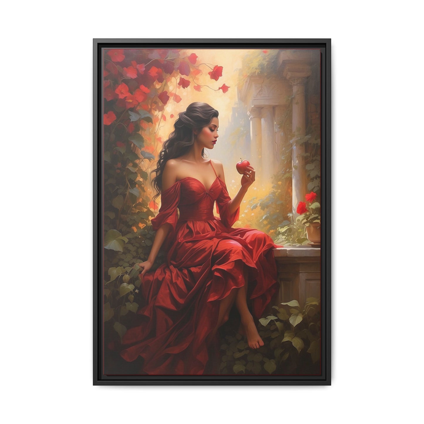 Elegant Framed Canvas Art - Romantic Red Dress with Apple