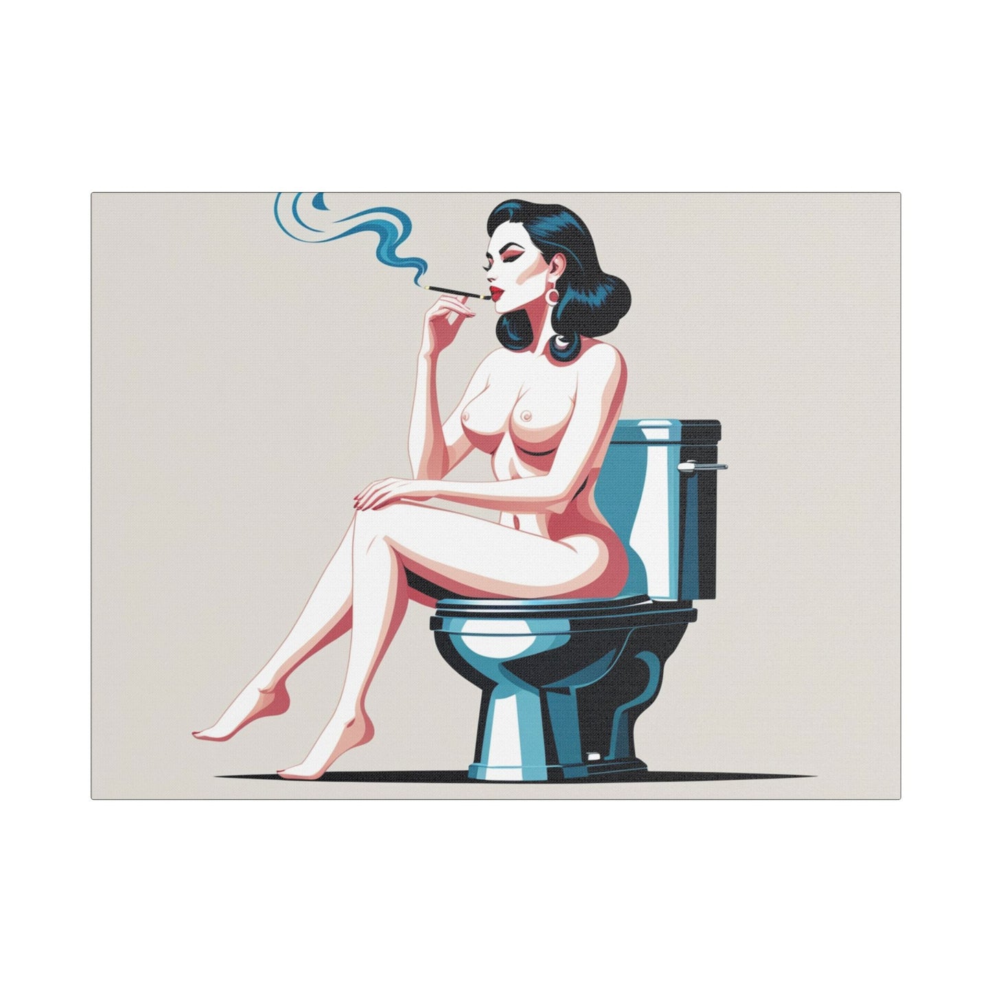 Retro Vintage Art Canvas Print - Sensual Woman Smoking on Toilet