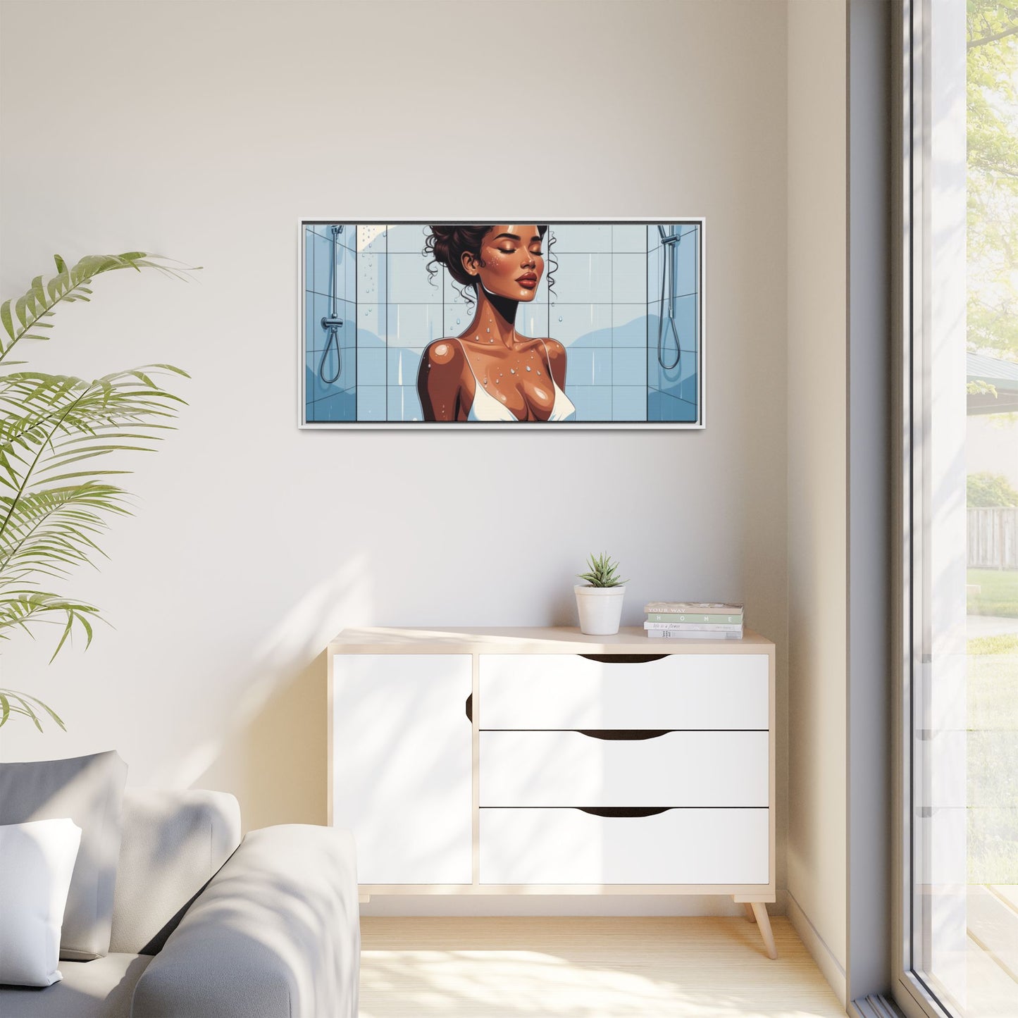Serene Bathing Woman Canvas Art - Framed Multi-Color Wall Decor