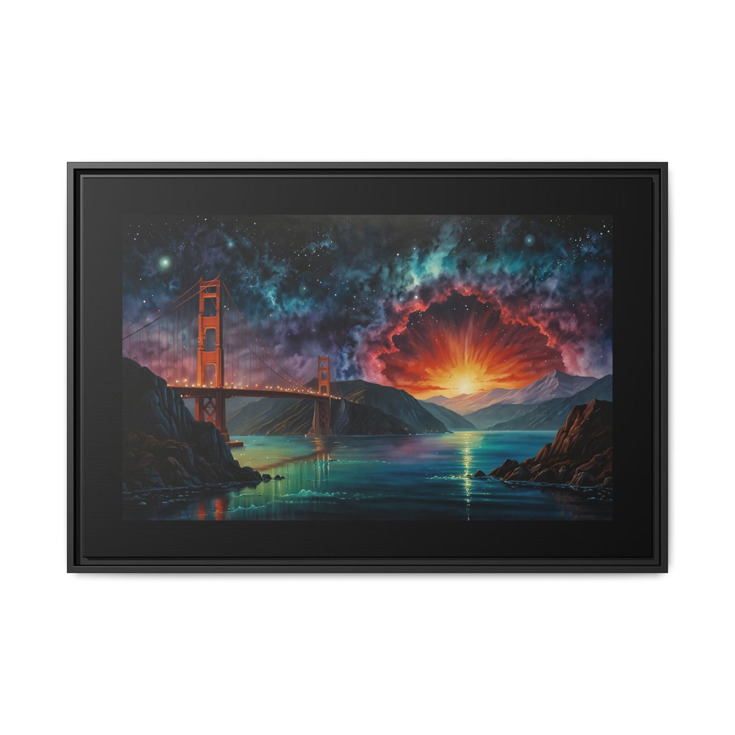 Golden Gate Sunset Framed Canvas Art - Multi-Color Wall Decor