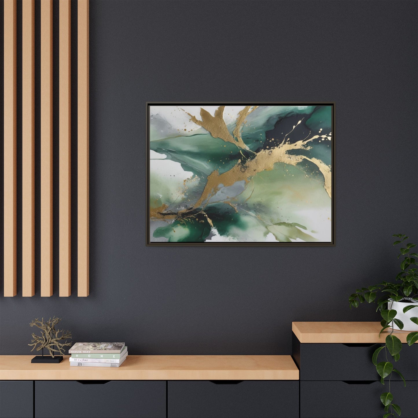 Elegant Abstract Framed Canvas Wall Art - Multi-Color Gold Accents