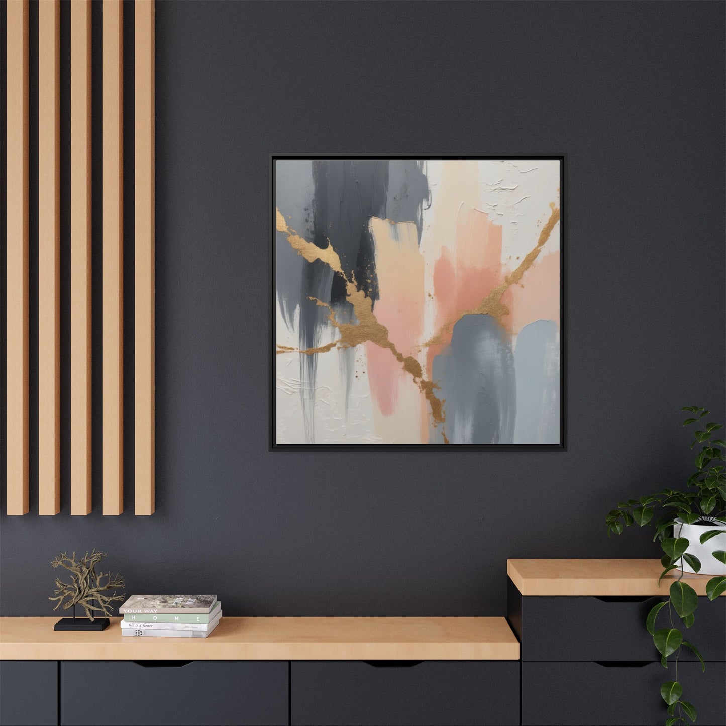 Elegant Abstract Framed Canvas Art with Gold Accents