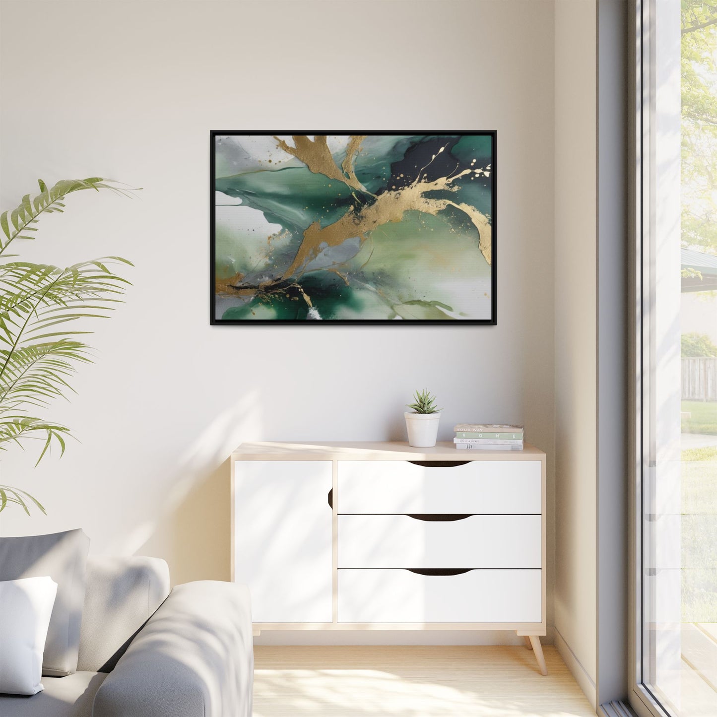 Elegant Abstract Framed Canvas Wall Art - Multi-Color Gold Accents