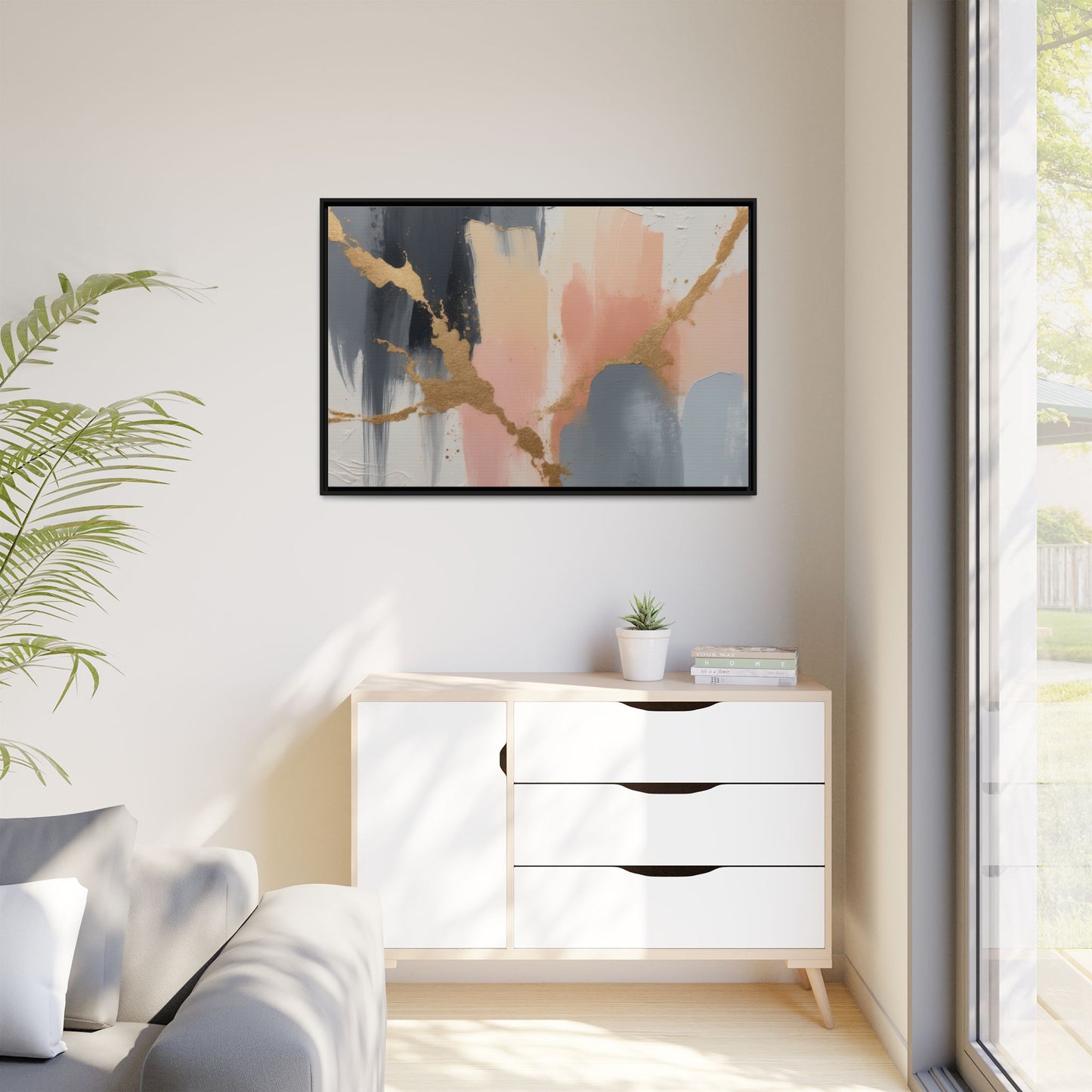Elegant Abstract Framed Canvas Art with Gold Accents