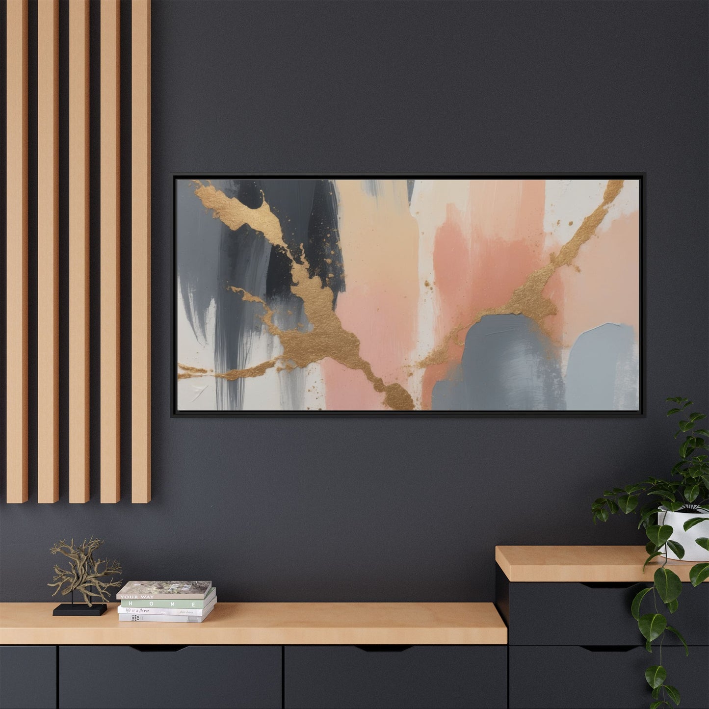 Elegant Abstract Framed Canvas Art with Gold Accents