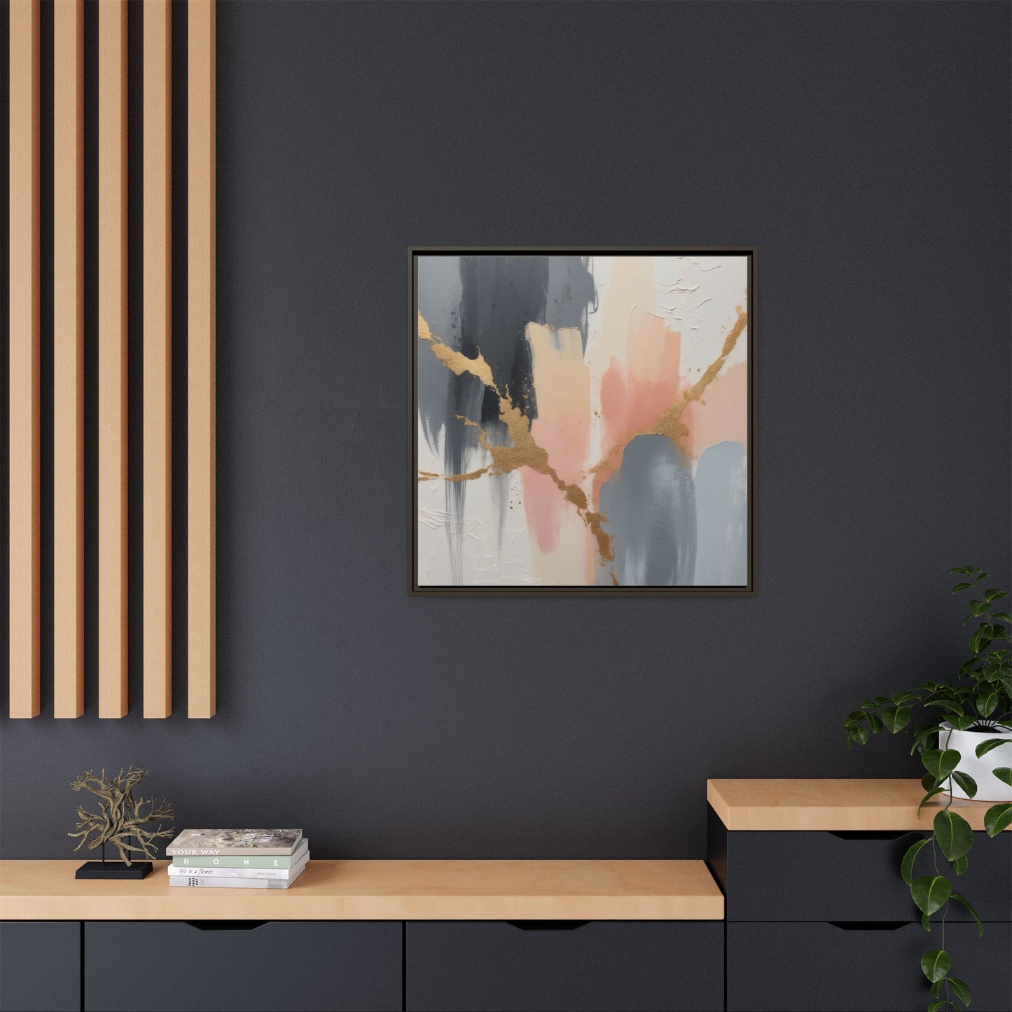 Elegant Abstract Framed Canvas Art with Gold Accents
