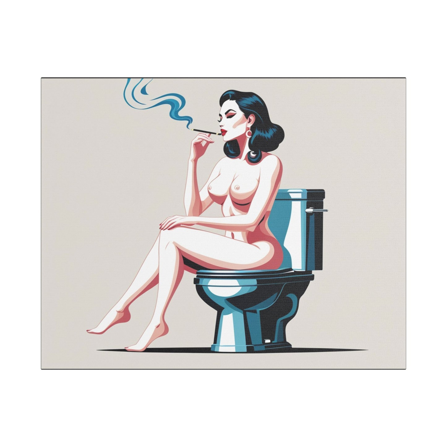 Retro Vintage Art Canvas Print - Sensual Woman Smoking on Toilet