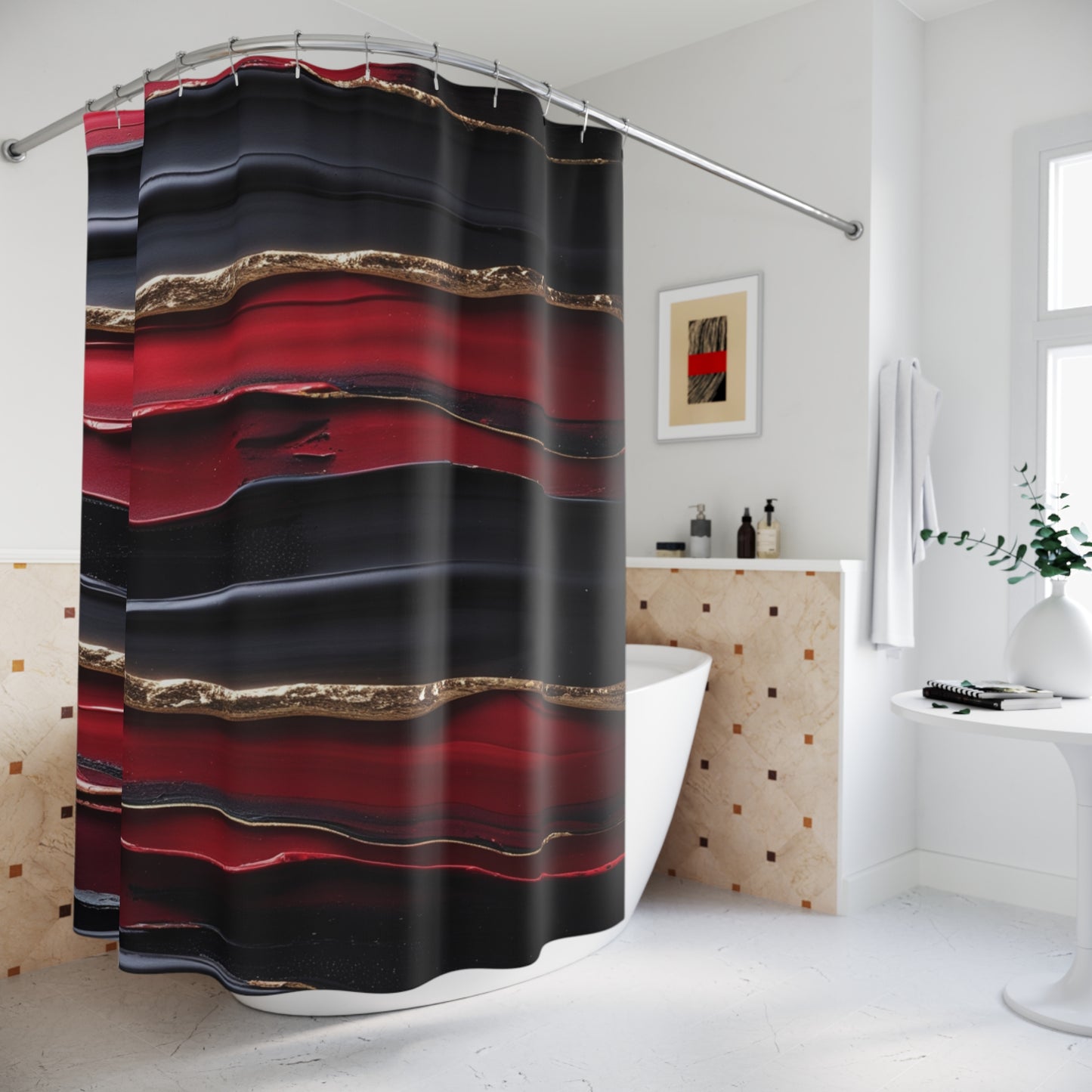 Elegant Abstract Red and Black Shower Curtain - Modern Bathroom Decor