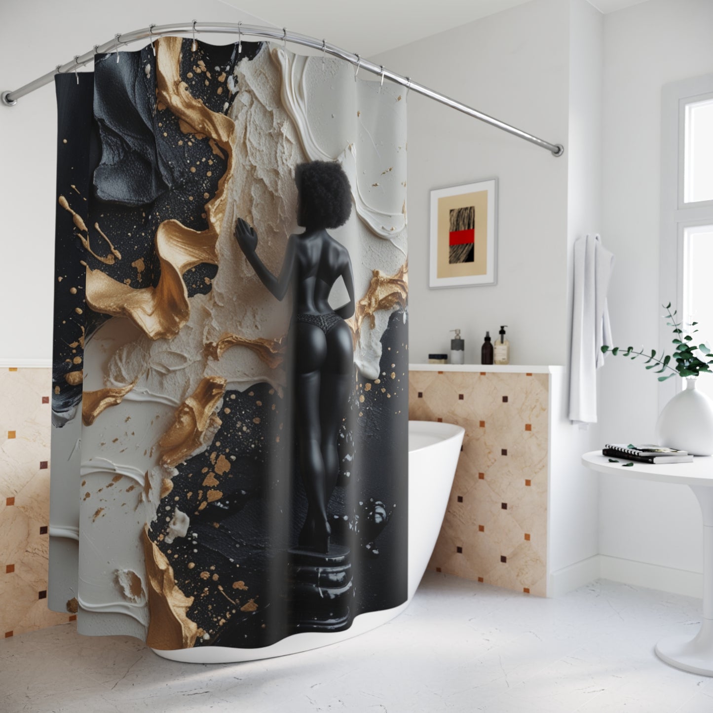 Elegant Abstract Art Shower Curtain | Gold and Black Aesthetic