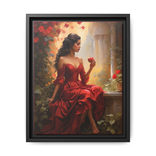 Elegant Framed Canvas Art - Romantic Red Dress with Apple
