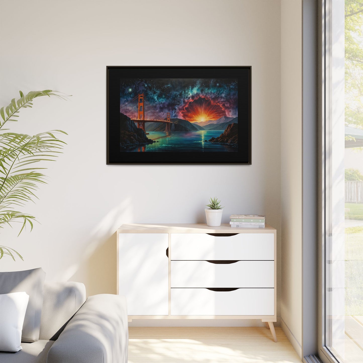 Golden Gate Sunset Framed Canvas Art - Multi-Color Wall Decor