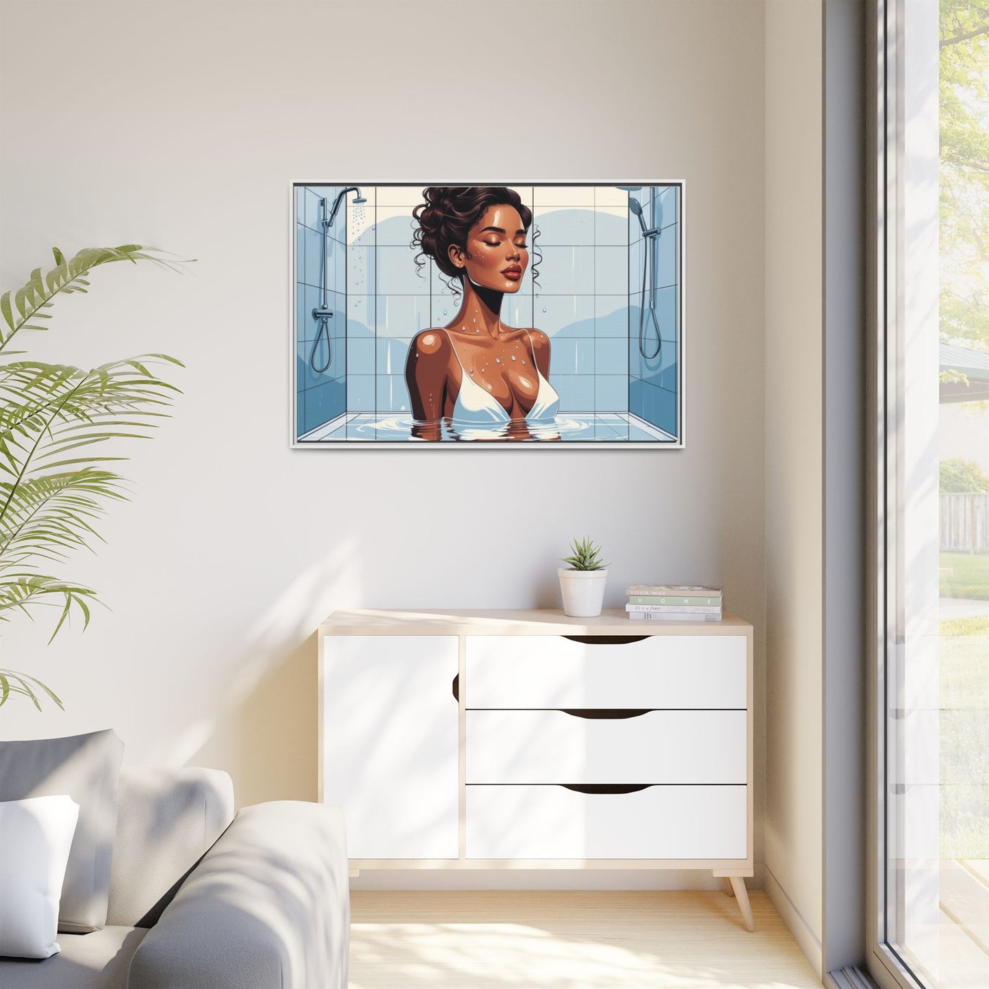 Serene Bathing Woman Canvas Art - Framed Multi-Color Wall Decor
