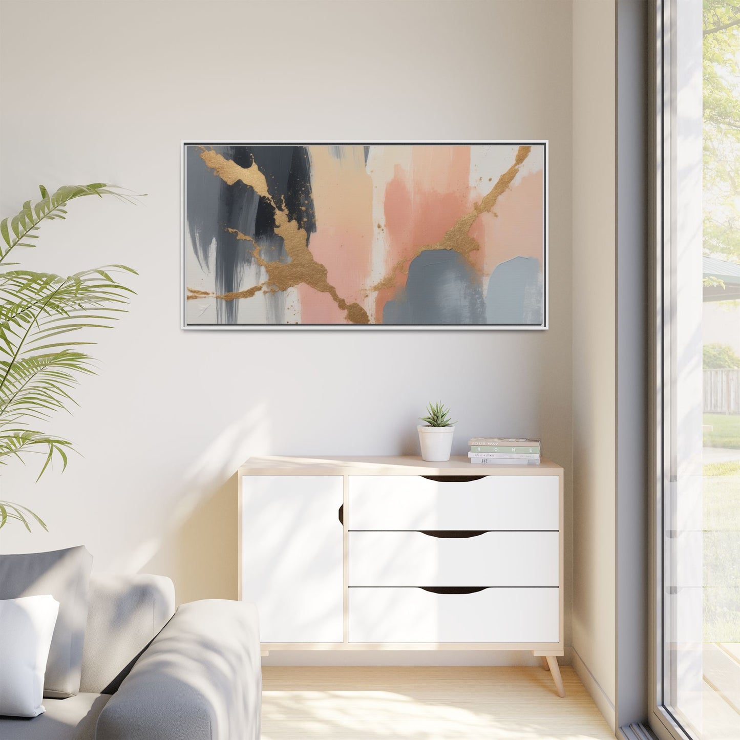 Elegant Abstract Framed Canvas Art with Gold Accents