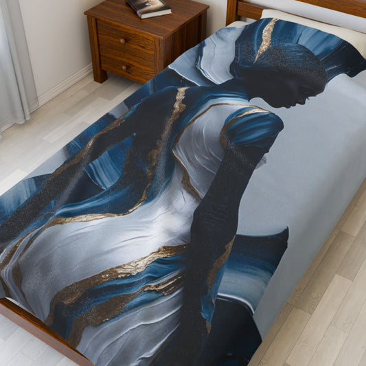 Elegant Velveteen Plush Blanket - Soft Throw with Artistic Blue Design