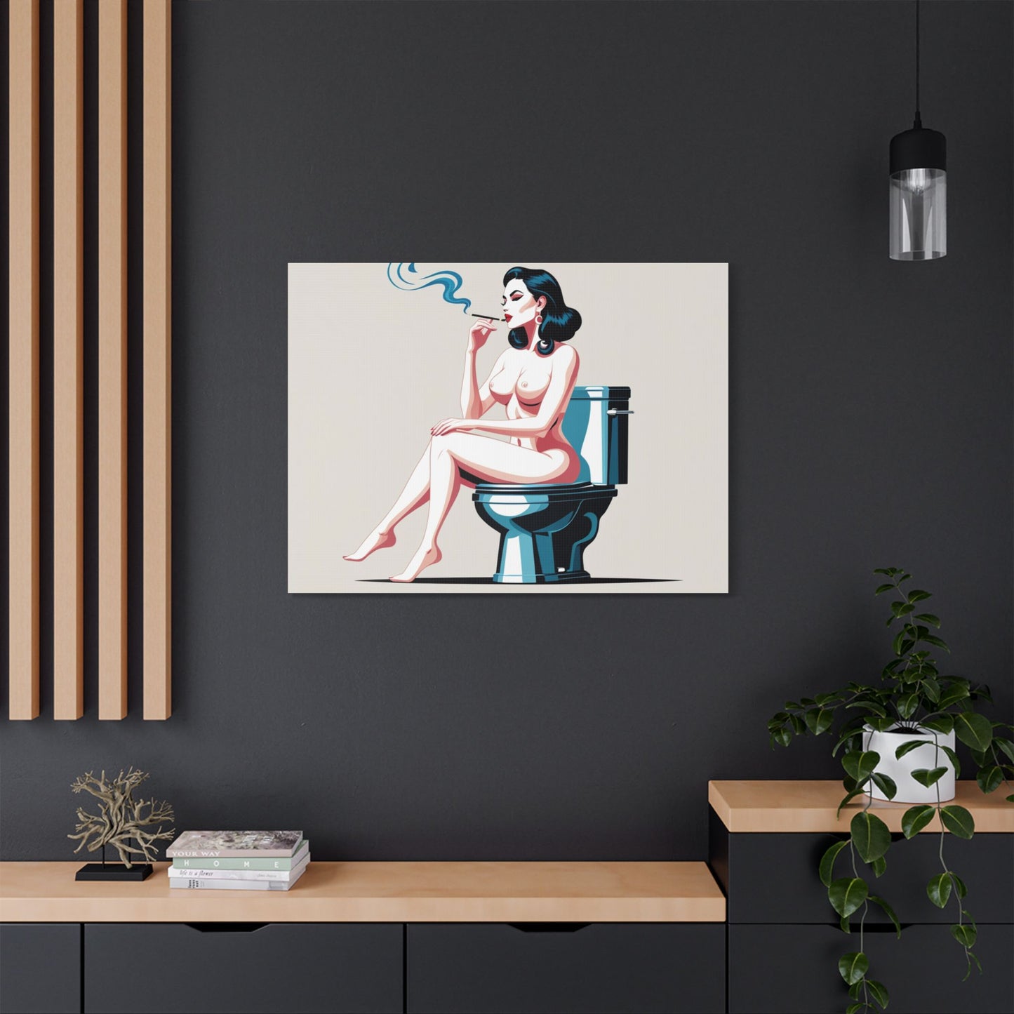 Retro Vintage Art Canvas Print - Sensual Woman Smoking on Toilet