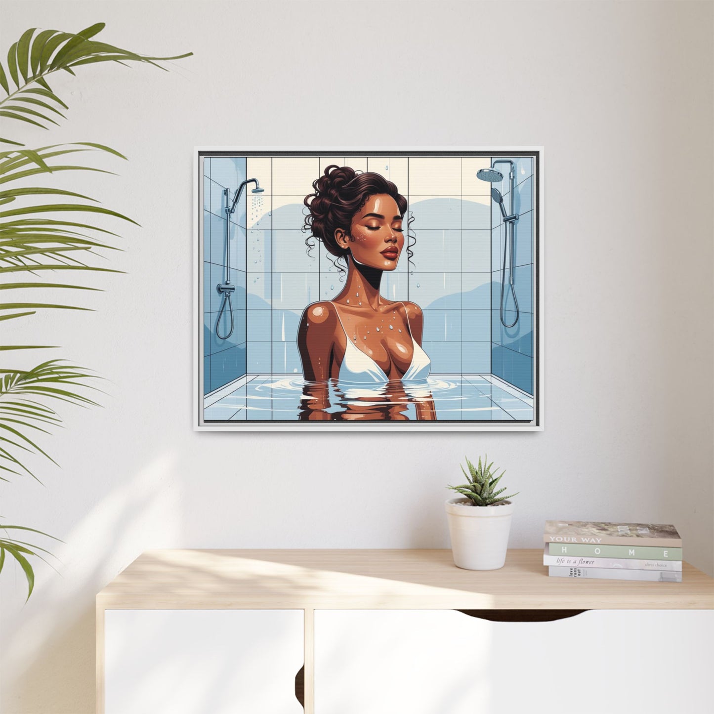 Serene Bathing Woman Canvas Art - Framed Multi-Color Wall Decor